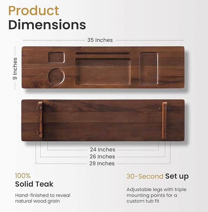 Teak Wood Bathtub Tray Caddy, 35 Inch Adjustable Bath Tub Tray for Freestanding Tubs, with Non-Slip Phone & Wine Glass Holder, Book Stand for Relaxing Bath