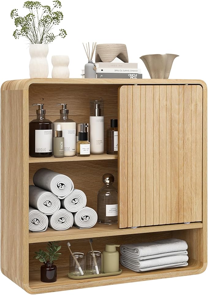 BERRYMERRY Bathroom Storage Wall Cabinet, Medicine Cabinet with Adjustable Wood Shelf & Sliding Door, Over The Toilet Storage Cabinet for Laundry Room,Kitchen,Living Room (Brown)