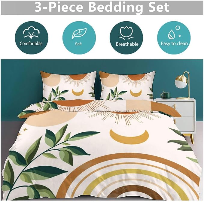 Mid Century Leaf Bedding Set,Boho Tropical Nature Plants Modern Minimalist Comforter Set with Pillowcase for Bedroom Bed Decor,Full 79"x90"