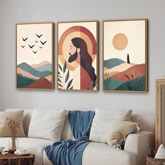 KaiWithYuan Large Jesus Portrait Framed Canvas Wall Art Set of 3, Boho Christian Bible Posters Wall Decor, Catholic Religious Calming Faith Art Paintings for Bedroom Living Room Church Office 16"x24"