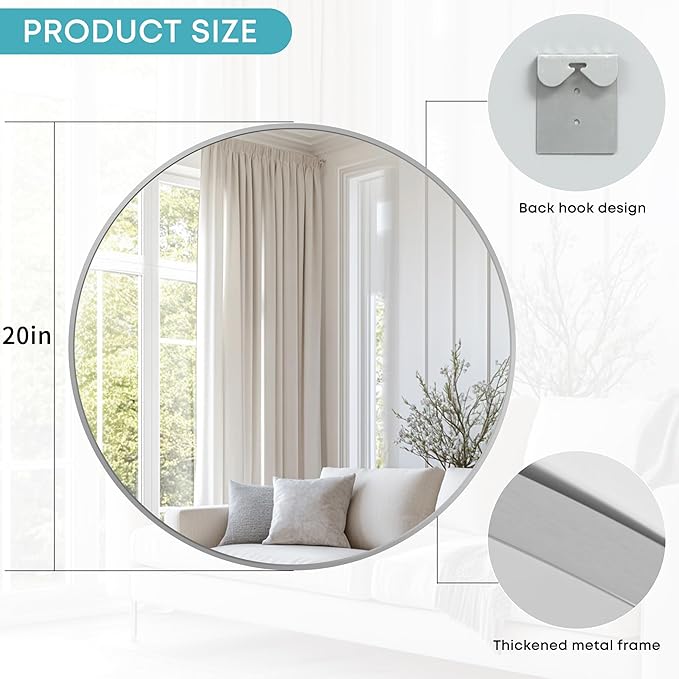 Round Mirror, Wall Mounted Circle Mirror with Brushed Metal Frame, Circular Mirrors for for Bathroom, Living Room, Vanity, Bedroom, Entryway, 20inch, Silver