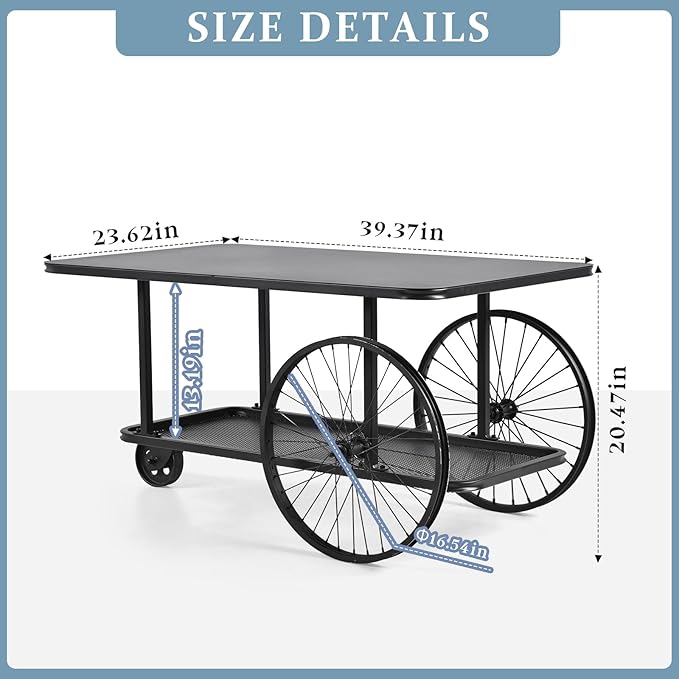 Steampunk-Inspired Mobile Storage Serving Cart - Black Metal Iron Top - 39.37" x 23.62" - Welded Construction Heavy Duty Locking Casters - 2-Tier Open Shelf - Movable Coffee Bar Table