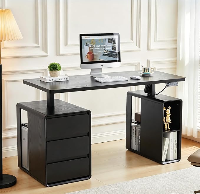 AVZEAR Farmhouse Electric Standing Desk, 55" Height Adjustable Computer Stand up Desk with 3 Drawers and Storage Shelf, Mid Century Modern Home Office Desk Wood Sit Stand Desks for Work, Study, Black
