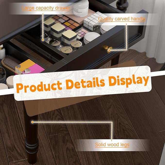Solid Wood French Country Desk,Writing Desk with Storage Drawers,Farmhouse Computer Table Makeup Table Modern Simple Style,for Home Office Living Room Study Workspace Bedroom (Black, 47.2IN)