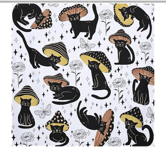 Cat Shower Curtain,Retro Funny Mushroom Star Floral Gothic Print Bathroom Curtain Polyester Waterproof Fabric Decor 72x72in（183x183cm）
