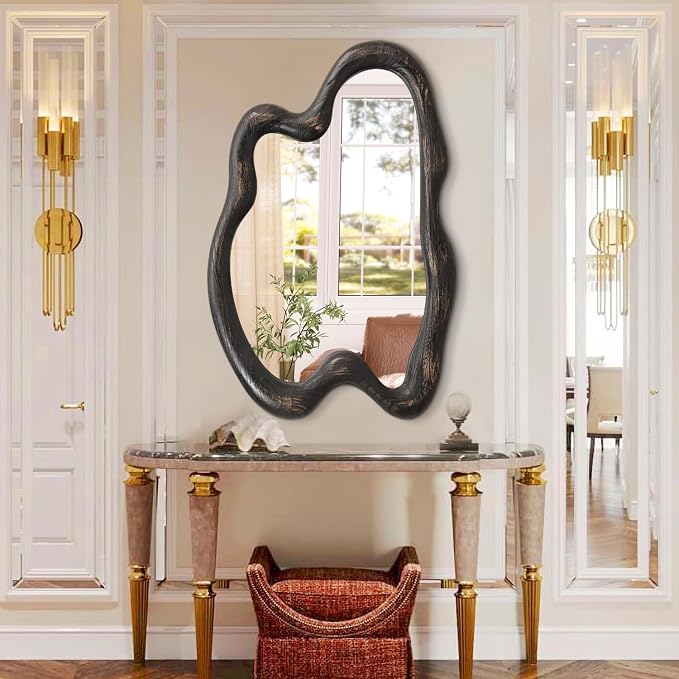 AAZZKANG Vintage Wall Mirror with Wood Framed Large Irregular Wall Mirror 32"x24" Decorative Hanging Mirrors for Bathroom Bedroom Living Room Entryway
