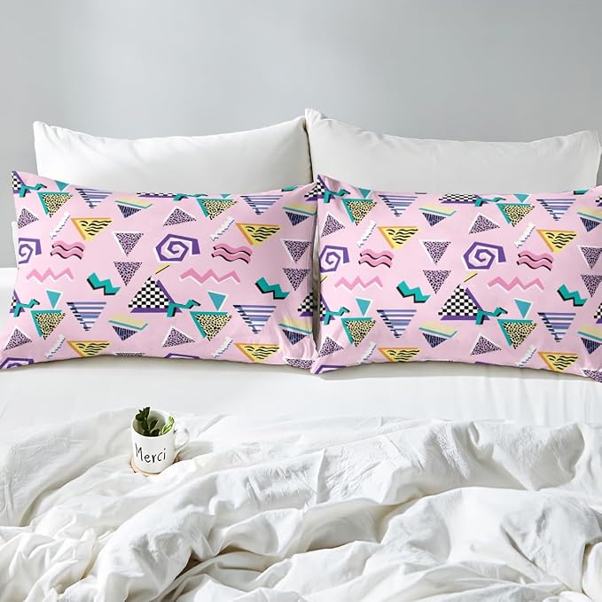 80s 90s Bedding Set Memphis Pattern Old Fashioned Comforter Cover King,Geometric Abstract Colorful Dots Funky Duvet Cover Retro Bed Set,Multicolor Vintage Rainbow 80'S Style 1980S Home Decor,Pink