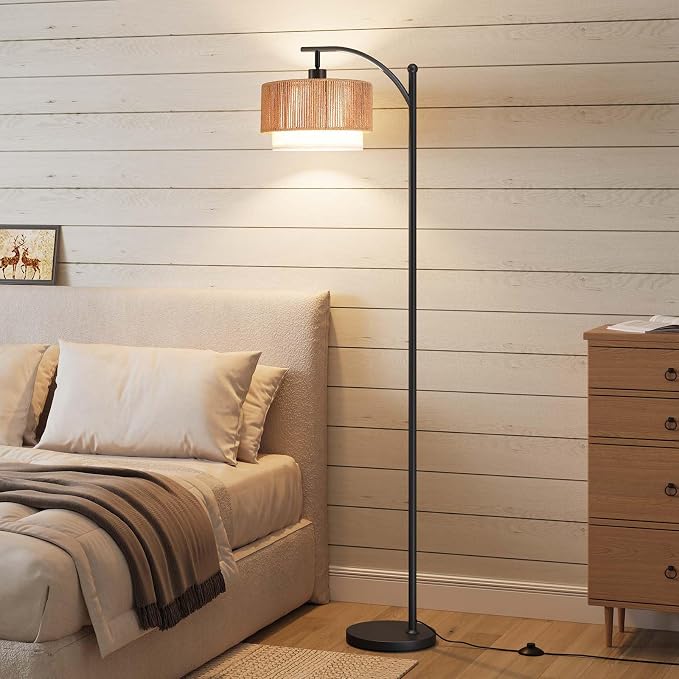 SUNMORY Floor Lamps for Living Room with 12W LED Bulb, Arc Floor Lamp with 3 Color Temperatures, Farmhouse Floor Lamps with Adjustable Rattan & Fabric Shades, Boho Standing Lamp for Bedroom, Corner