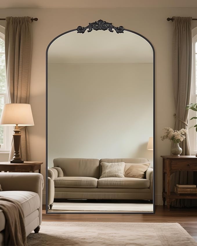 Antok Arched Full Length Mirror, 81"x41" Floor Mirror with Carved, Full Body Mirrors for HomeDecor, Standing/Halling Large Wall Mirror for Bedroom, Living Room, Cloakroom, Black, Retro Style