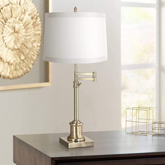 360 Lighting Westbury Traditional Swing Arm Desk Table Lamp Adjustable Height 36" Tall Antique Brass Off White Fabric Drum Shade for Living Room Bedroom House Bedside Nightstand Home Office