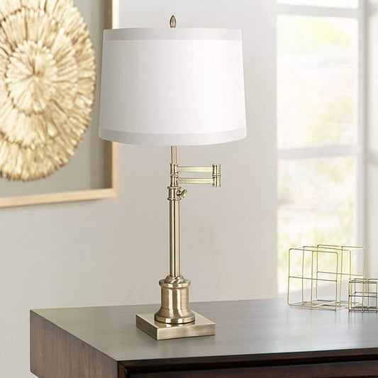 360 Lighting Westbury Traditional Swing Arm Desk Table Lamp Adjustable Height 36" Tall Antique Brass Off White Fabric Drum Shade for Living Room Bedroom House Bedside Nightstand Home Office