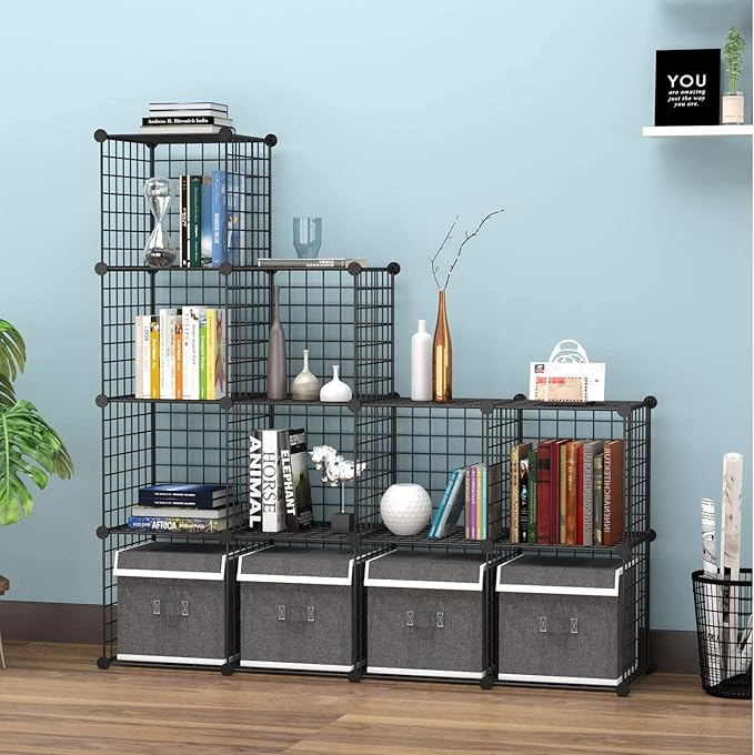 HUBSON Wire Cube Storage Organizer, Book/Toy/Craft/Potted Plants and petCloset Organizers and Storage Shelves, 16-Cube Freely Combinable Metal Grids Storage Shelf,Black Iron