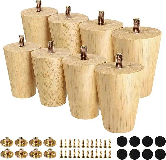 FoDau770 Rubber Wood Furniture Legs 3 Inches, Straight Tapered Wood Feet Mid Century Sofa Legs Set of 8, 5/16" UNC Furniture Feet Replacement Parts for Cabinet Couch Dresser Chair Ottoman Table