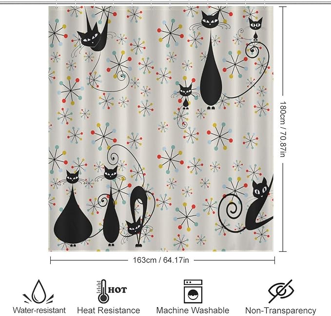 Mid Century Black Cat Shower Curtain,Atomic Cat Modern Abstract Geometric Iconic Pattern 1950s Vintage Funny Decor Fabric Bathroom Curtain with Hooks 66x72in（168x183cm）