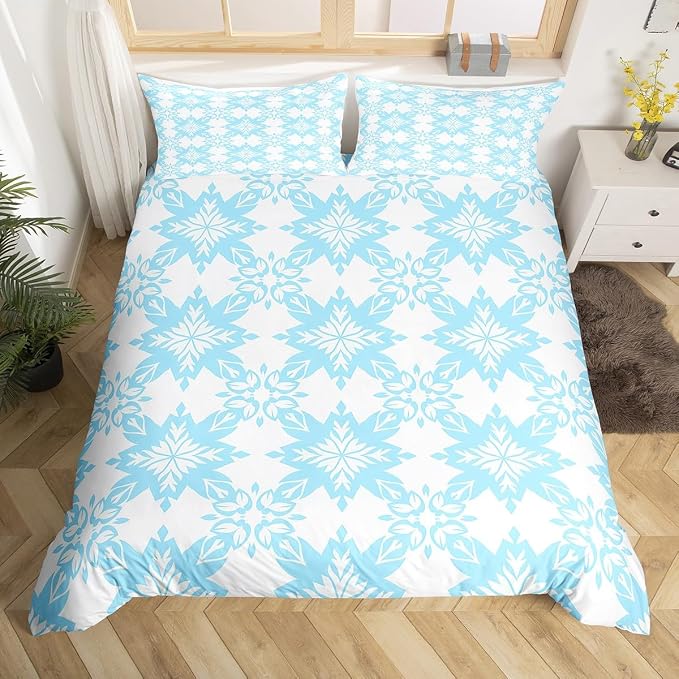 Blue Geometric Floral Comforter Cover Full for Kids Boys Girls,Classical Damask Flower Duvet Cover,Retro Vintage Art Bedding Set,Mid Century Aesthetic Bed Set with 2 Pillowcases Bedroom Decor