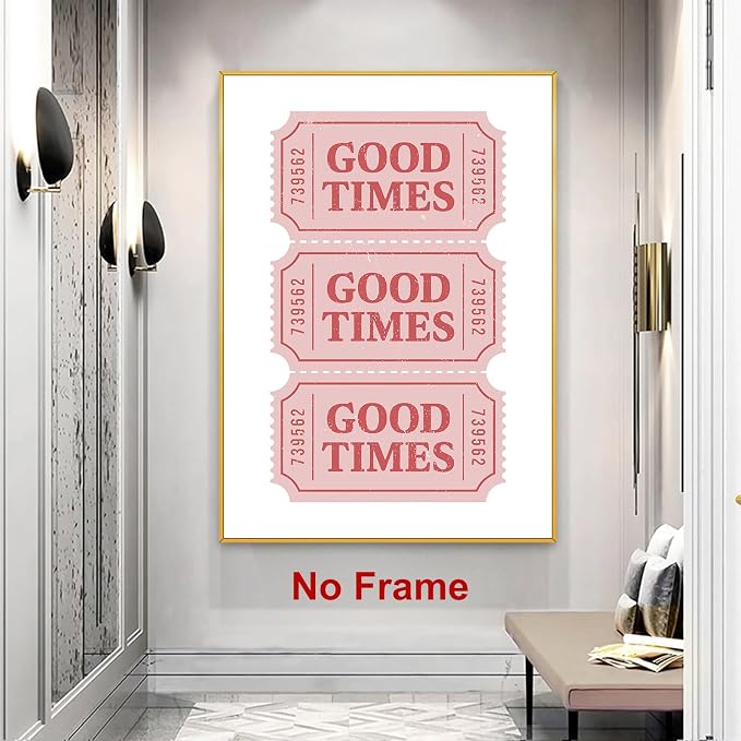 Good Times Ticket Print Red Retro Poster Pink Trendy Paintings Bar Cart Prints Pink White Pictures Ticket Wall Art Modern Aesthetic Posters Preppy Aesthetic Pictures for Living Room 16x24in Frameless