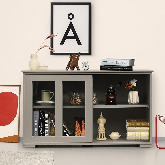 Giantex Buffet Sideboard, Wood Credenza with Sliding Doors, Storage Cabinet with Adjustable Shelf, Modern Console Table, Kitchen Cupboard, Buffet Pantry, Living Room Dining Room Furniture (Gray)