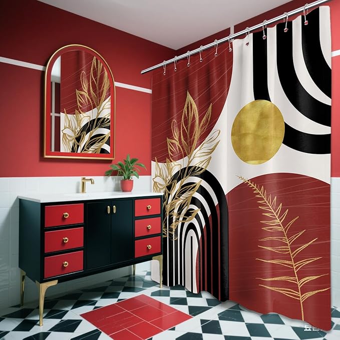 Black and Red Shower Curtain Boho Mid Century Burgundy Dark Red and Gold and White Shower Curtains for Bathroom Decor, Waterproof Cloth Fabric with Hooks, 70" W x 72" L
