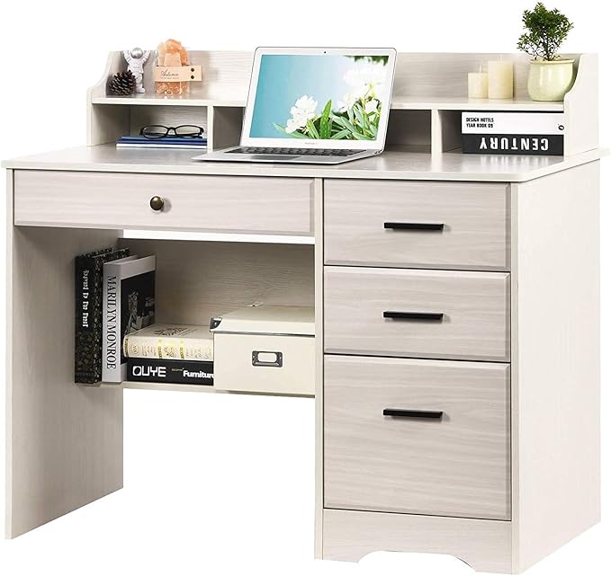 Catrimown Computer Desk with Drawers and Hutch, Farmhouse Home Office Desk, Wood Student Desk with File Drawer for Bedroom, Writing Table for Small Space, Warm White