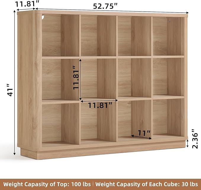 Joaxswe 12 Cube Storage Organizer, 41" Large Bookshelf with Curved Edge, Wood Floor Standing 3-Tier Cubby Bookcase with Base, Rustic Display Storage Cabinet for Living Room, Home Office, Natural Oak