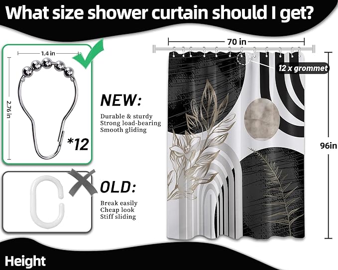 Mid Century Modern Black and White Shower Curtain Cool Charcoal Grey Silver Shower Curtains for Mens Bathroom Decor Sets, Abstract Boho Pattern, Waterproof Cloth Fabric with Hooks 70x96 in