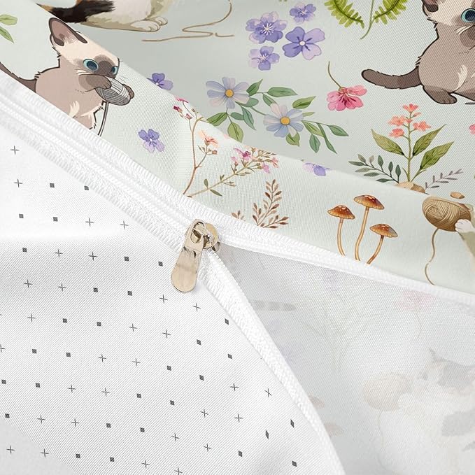Erosebridal Cute Cat Duvet Cover Twin Kitten Cat Lovers Bedding Set Pale Green Boho Watercolor Floral Comforter Cover for Kids Girls Boys Adults Funny Pet Animal Bed Set