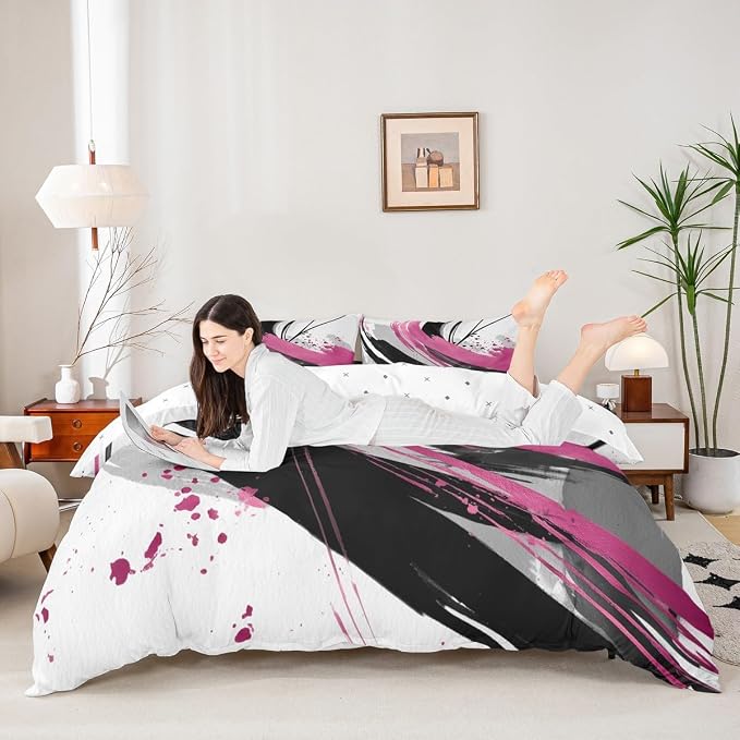 Erosebridal Black and Purple Pink Duvet Cover Queen - Modern Geometric Decorative Bedding Sets Striped Bed Set for Boys Girls Minimalists Watercolor Graffiti Lines Bed Cover