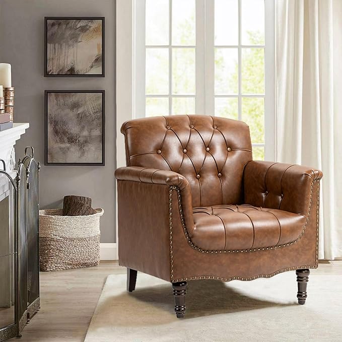 Pia Ricco Faux Leather Armchair Set of 2, Modern Accent Chairs with Nailhead Trim and Solid Wood Legs, Upholstered Comfort for Living Room, Office, Bedroom - Brown
