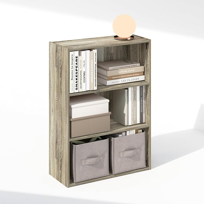 Furinno Simple Book Shelf, 3-Tier Bookshelf, Storage Shelves Bookcase, 9.7 x 23.7 x 31.5, for Living Room, Bedroom, Home Office, Sonoma Oak