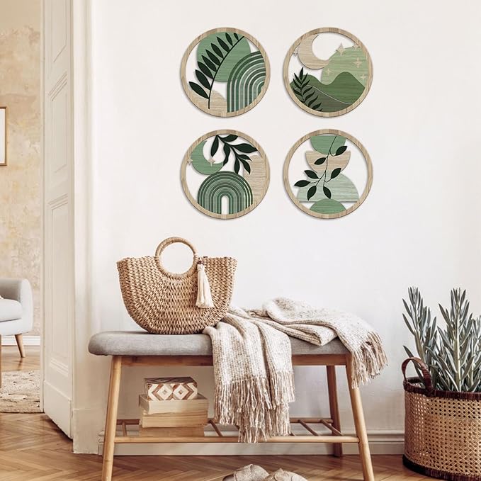 TOARTi 4PCS Green Botanical Wooden Wall Art Bohemian Hanging Art Farmhouse Geometric Wooden Wall Decor Aesthetic Plants Artwork Boho Minimalist Wall Decor for Bedroom Living Room