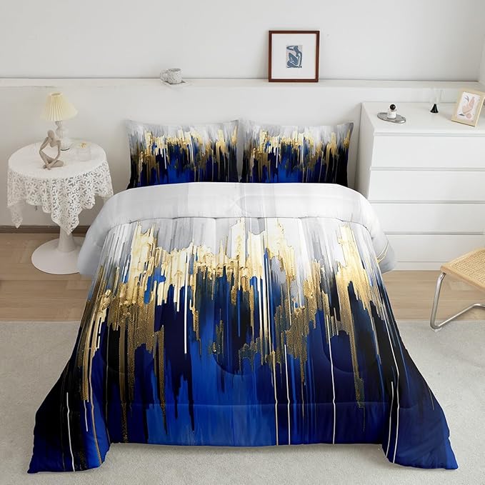 Abstract Art Bedding Set King Navy Gold Grey Comforter Set, Stripe Duvet Insert Golden Metallic Sequins Quilt Sets, Dark Blue Tie Dye Bedding Comforters & Sets Luxurious Modern Bedroom Decor