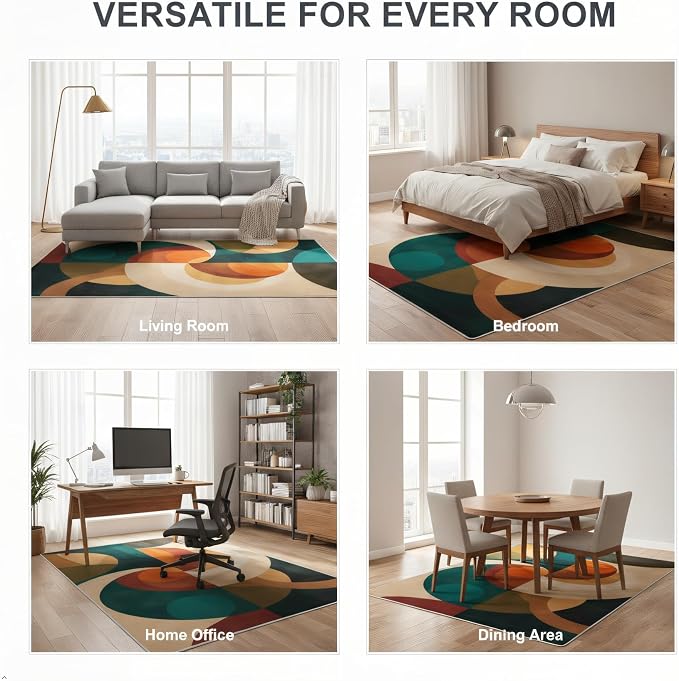 Mid Century Geometric Area Rug 7x8 – Retro Abstract Circle Pattern Rug for Living Room & Bedroom, Low Pile Washable Indoor Rug with Non-Slip Backing