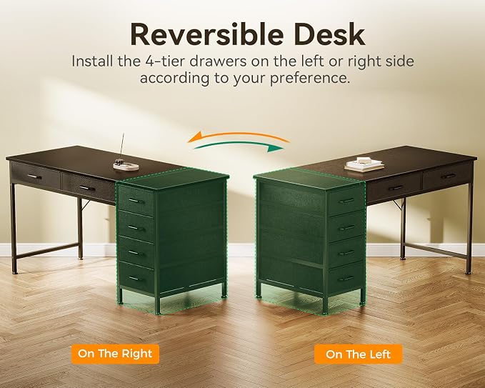 ODK Computer Desk with 6 Drawers, 48 Inch Office Desk with Storage, Reversible Desk with Headphone Hook for Home Office, Work Study Table for Bedroom, Black