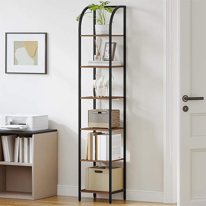 Hzuaneri Bookshelf Narrow Bookcase, Tall Storage Rack with Steel Frame, Display Standing Shelf Unit, Skinny Book Shelf for Study Living Room Home Office, Industrial Style, 6-Tier Rustic Brown BC56001B