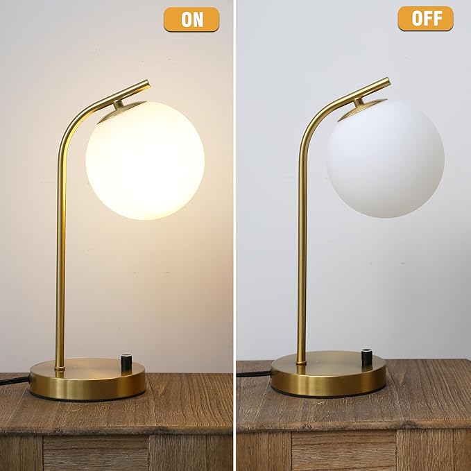 Gold Globe Dimmable Table Lamp Minimalist Nightstand Lamps Mid Century Modern Desk Lamp with Milk White Glass Shade Metal Base for Dorm, Living Room Bedroom, Office,Kids Room (Tall)