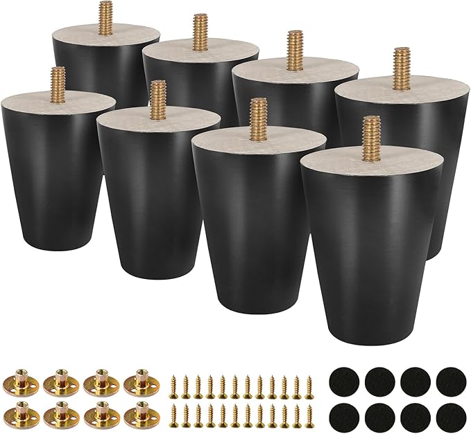 FoDau770 Black Rubber Wood Furniture Legs 3 Inches, Straight Tapered Wood Feet Mid Century Sofa Legs Set of 8, 5/16" UNC Furniture Feet for Cabinet Couch Dresser Chair Ottoman Table
