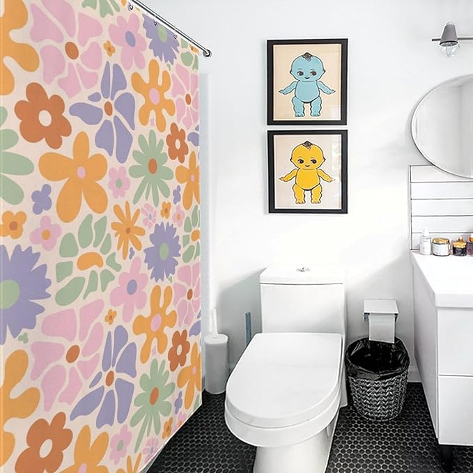 Mid Century Colorful Floral Shower Curtain, Boho Abstract Vintage Retro Orange Flower Botanical Aesthetic Washable Waterproof Fabric for Bathroom Decor Bathtub with 12 Hooks 55x72in（140x183cm）