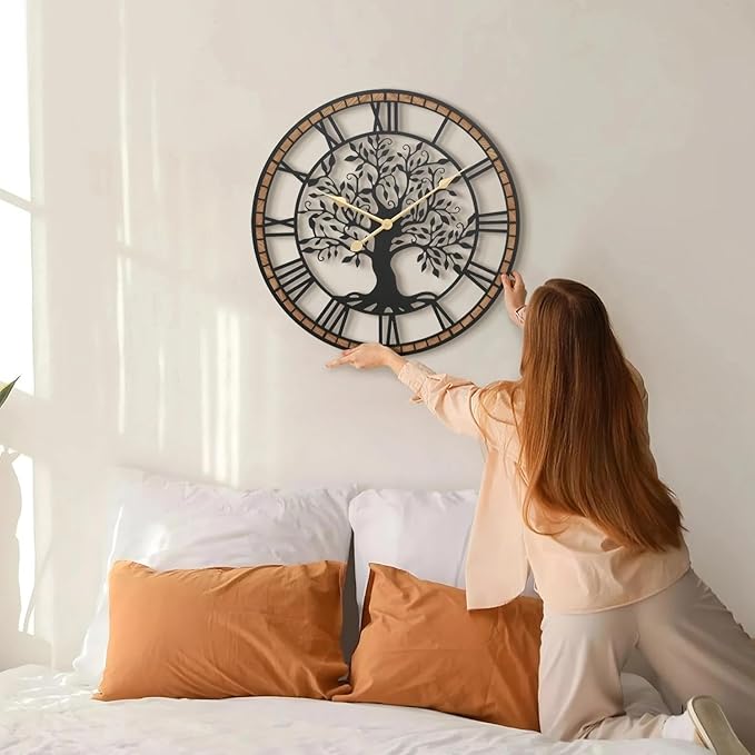 Micasso Rustic Large Wall Clock: 27Inch Farmhouse Tree of Life Metal with Wood Frame - Vintage Battery Operated Wall Clocks for Bedroom/Office/Living Room/Kitchen - Home Decor for Porfessional