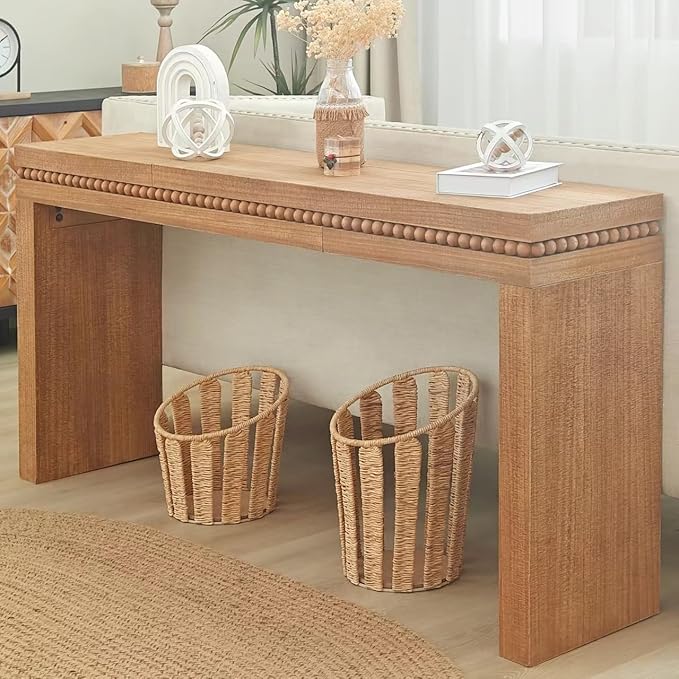 Wood Console Table, 64" Retro Long Sofa Table Behind Couch with Real Wood Beads Decor, Wooden Narrow Sofa Table Hall Table for Living Room Foyer Entrance Entryway, Natural