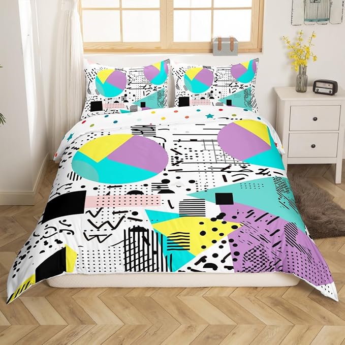 Geometric Duvet Cover 80s and 90s Hip Hop Bedding Set,Hipster Funky Comforter Cover Eighties Fashion Style Queen Bed Set,Round Triangle Square Diamond Shapes Artwork 1990S Memphis Home Decor