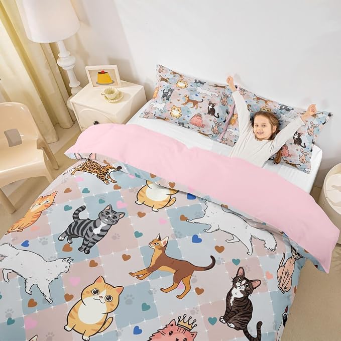 Erosebridal Cat Bedding Set King Cute Kitten Duvet Cover Kawaii Pet Animals Comforter Cover for Kids Girls Boys Adults Hearts & Paw Pastel Argyle Patchwork Plaid Bed Set