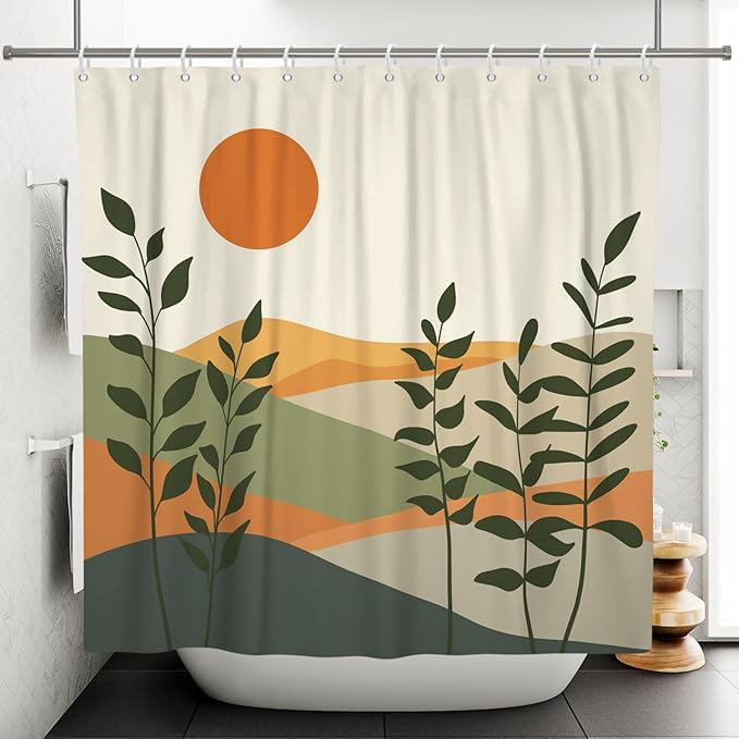 Modern Boho Shower Curtain Set,Mid Century Shower Curtains for Bathroom,Minimalist Sun Waterproof Bathroom Curtains with Hooks 72x72inch