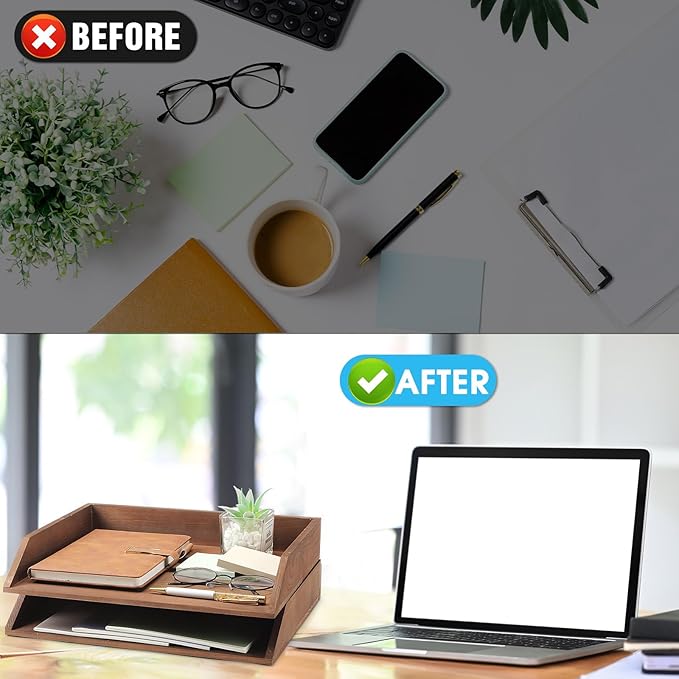 Beeveer 2 Pcs Dark Wood Letter Tray Wooden Desk Paper Organizer 2 Tier Stackable Load Documents Desktop Tray Drawer File Folder Magazine Office Accessories for Home Office Back to School