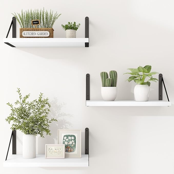Heimlove Floating Shelves for Wall Set of 3,Light Wood Wall Mounted Bookshelf Decorative Shelf for Living Room Bathroom Kitchen Laundry Pictures Plants Books Cats TV,White