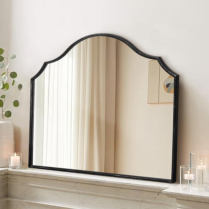 Besdomus Scalloped Arched Mirror for Vanity: 32"x24" Black Modern Minimalist Wooden Wall Mirror - Decorative Dresser Wall for Mantel/Bedroom/Entryway/Hallway - Ideal for 30-60 Age Fashion Women