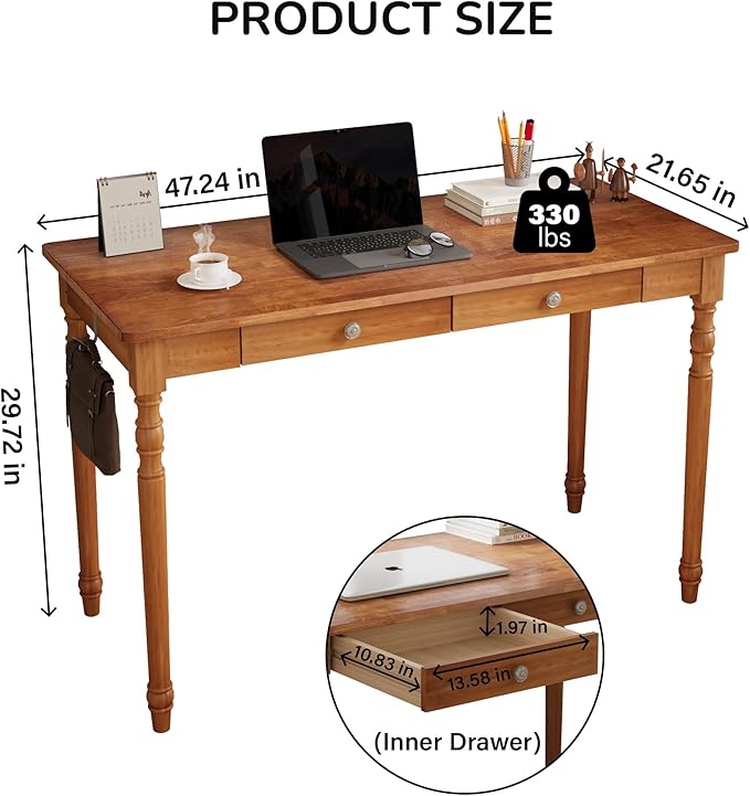 Vintage Solid Wood Writing Desk - 48" W Large Secretary Desk with 2 Drawers, Mid Century Modern Computer Desks with 2 Hooks, Writing Vanity Dressing Table for Home Office, Bedroom, Walnut