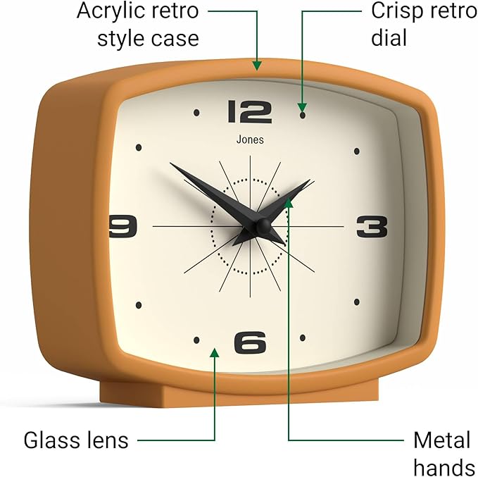 JONES CLOCKS® Film Desk Clock | Retro Rectangular Design | Mustard Yellow | Retro Design, Blending mid-Century Style with a Punchy Modern Finish for Shelf, Table, Mantel or Bedside