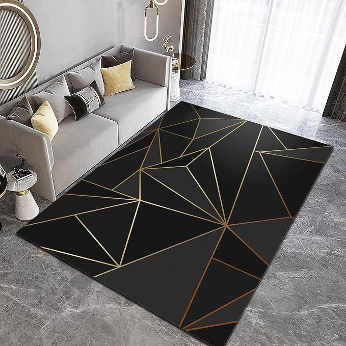 4x6 Area Rug Golden Triangle Geometric Easy Clean Rug, Black Creative Line Soft Non-Skid Carpet Throw Rugs for Kids Teen Girls Boys BedroomLiving Room Bathroom Classroom Office