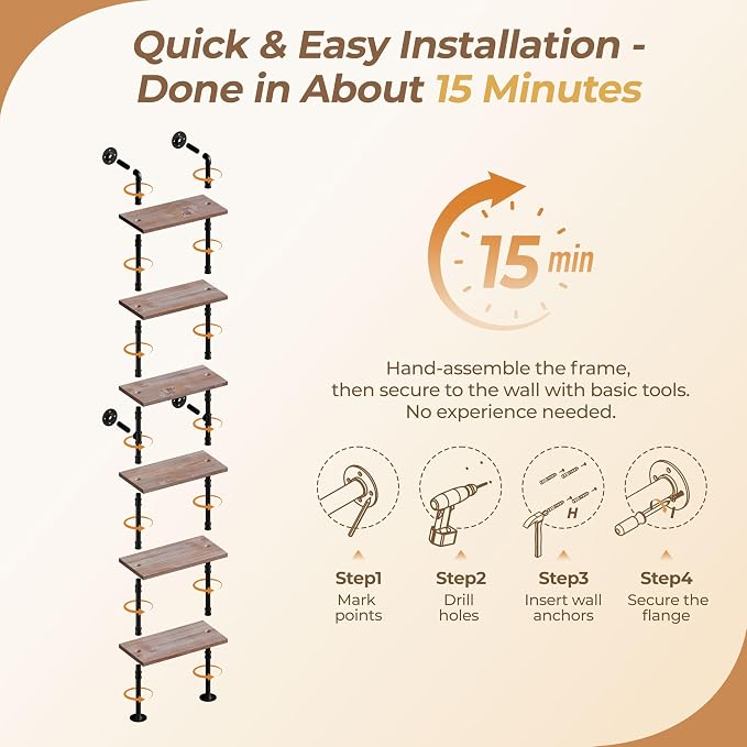 Industrial Ladder Pipe Shelves, Wall Mounted Rustic Bookshelf, Retro Metal Wood Bookcases (Weathered Brown, 6 Tier - 10" D x 24" W x 82.5" H)