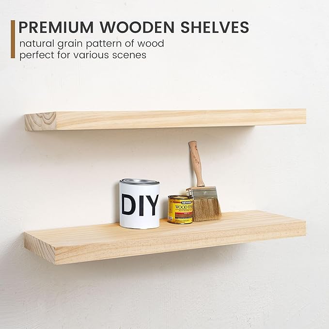 Fun Memories Farmhouse Floating Shelves - 8 Inch Deep Rustic Wood Wall Shelf - Premium Solid Wood Storage Shelf - 24" W x 8" D - Set of 2 - No Stain - Natural Unfinished for DIY